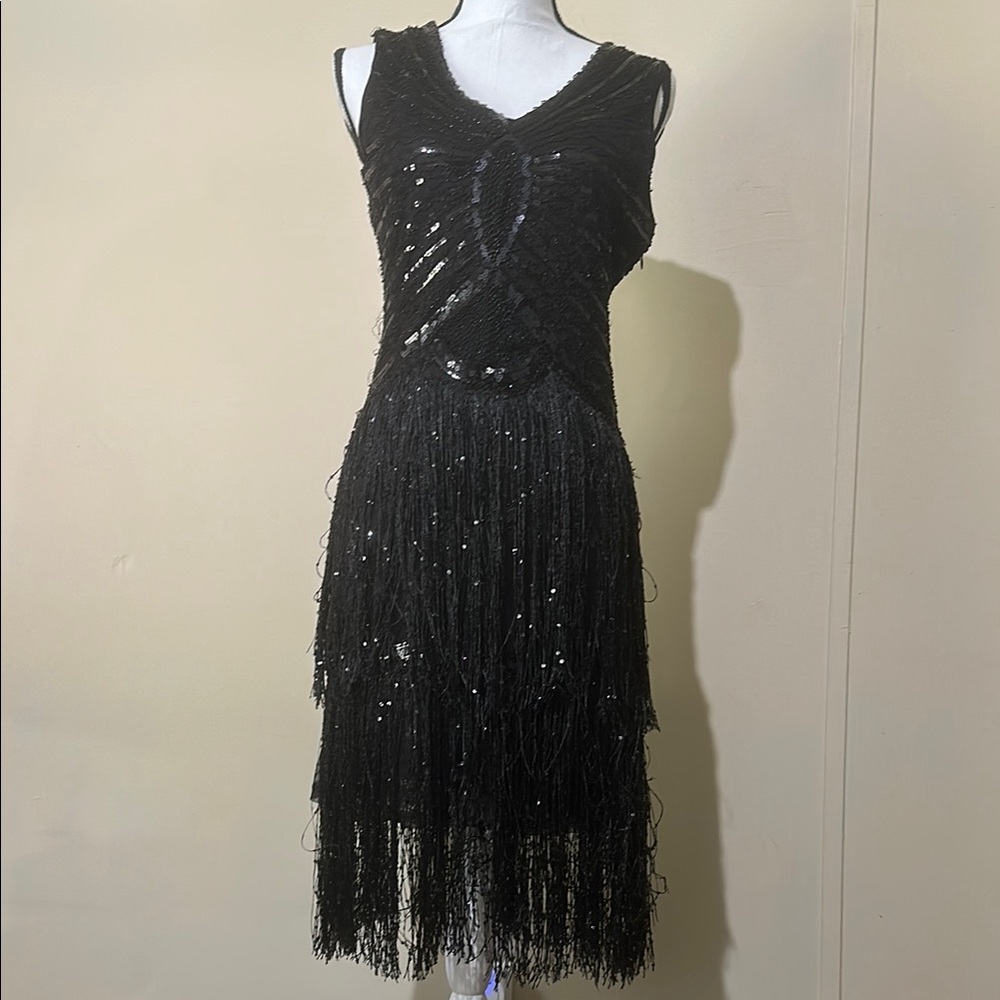 Elegant Black Fringe Midi Dress